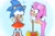 Size: 2048x1345 | Tagged: safe, artist:xghostrainx, amy rose, sonic the hedgehog, hedgehog, amy's halterneck dress, duo, female, gradient background, male, outfit swap, piko piko hammer