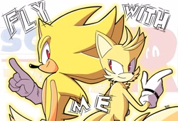 Size: 2048x1394 | Tagged: safe, artist:trizziefrizzie, miles "tails" prower, sonic the hedgehog, super sonic, super tails, duo, english text, super form