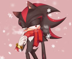 Size: 2139x1755 | Tagged: safe, artist:tamjeong_sonic, shadow the hedgehog, lidded eyes, pink background, scarf, snowflake, solo