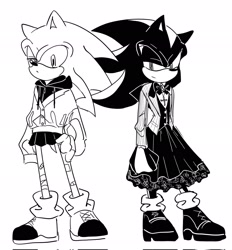 Size: 1903x2048 | Tagged: safe, artist:tamjeong_sonic, shadow the hedgehog, sonic the hedgehog, alternate outfit, bandaid, crossdressing, dress, duo, greyscale, hoodie, monochrome, skirt
