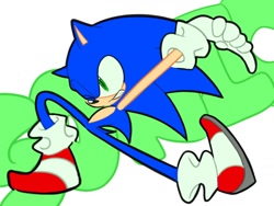 Size: 1024x768 | Tagged: safe, artist:tamjeong_sonic, sonic the hedgehog, character name, full body, grin, one eye closed, smile, solo