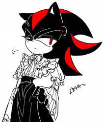 Size: 1756x2048 | Tagged: safe, artist:tamjeong_sonic, shadow the hedgehog, crossdressing, dress, gloves off, korean text, limited palette, simple background, solo, white background