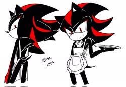 Size: 2048x1405 | Tagged: safe, artist:tamjeong_sonic, shadow the hedgehog, apron, gloves off, korean text, limited palette, simple background, solo, white background