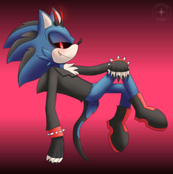 Size: 893x895 | Tagged: safe, artist:interstellarchaosss, oc, oc:sonic.exe, hedgehog, blue fur, boots, fingerless gloves, jacket, male, red eyes