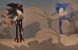 Size: 2048x1331 | Tagged: safe, artist:tamjeong_sonic, shadow the hedgehog, sonic the hedgehog, duo, dust clouds, looking at each other, standing