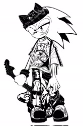 Size: 1349x2048 | Tagged: safe, artist:tamjeong_sonic, sonic the hedgehog, fashion, full body, grey background, grin, guitar, hat, holding something, monochrome, pants, shirt, simple background, smile, solo, standing, white background