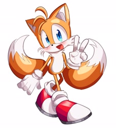 Size: 1869x2048 | Tagged: safe, artist:tamjeong_sonic, miles "tails" prower, blushing, full body, simple background, smile, solo, v sign, white background