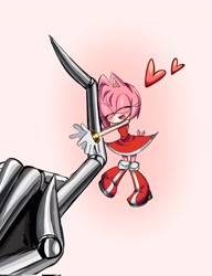 Size: 1574x2048 | Tagged: safe, artist:tamjeong_sonic, amy rose, metal sonic, duo, eyes closed, heart, hugging, metamy, robot, shipping, size difference, smile, straight