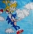 Size: 873x916 | Tagged: dnp, safe, artist:theoneandonlycactus, miles "tails" prower, sonic the hedgehog, carrying them, clouds, daytime, duo, flying, looking offscreen, mouth open, open smile, outdoors, pointing, smile, spinning tails, traditional media