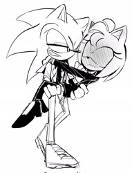 Size: 1565x2048 | Tagged: safe, artist:tamjeong_sonic, amy rose, sonic the hedgehog, alternate outfit, amy x sonic, blushing, carrying them, duo, greyscale, grin, jacket, looking at them, monochrome, pants, shipping, smile, straight