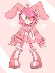 Size: 1536x2048 | Tagged: safe, artist:tamjeong_sonic, amy rose, alternate outfit, full body, heart, hood up, hoodie, midriff, pink background, skirt, solo, standing, wink