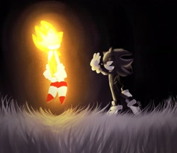 Size: 2088x1806 | Tagged: safe, artist:tamjeong_sonic, shadow the hedgehog, sonic the hedgehog, super sonic, duo, glowing, grass, looking at each other, nighttime, outdoors, standing, super form