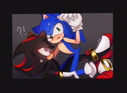 Size: 2204x1616 | Tagged: safe, artist:tamjeong_sonic, shadow the hedgehog, sonic the hedgehog, blushing, blushing ears, duo, full body, gay, grey background, kneeling, shadow x sonic, shipping