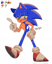 Size: 1663x2048 | Tagged: safe, artist:tamjeong_sonic, sonic the hedgehog, full body, hand on hip, korean text, lidded eyes, solo, standing, tongue out