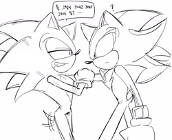 Size: 2048x1663 | Tagged: safe, artist:tamjeong_sonic, shadow the hedgehog, sonic the hedgehog, duo, gay, greyscale, grin, hand on another's arm, korean text, lidded eyes, looking at each other, monochrome, shadow x sonic, shipping, simple background, smile, speech bubble, wagging tail, white background