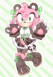 Size: 1500x2156 | Tagged: safe, artist:tamjeong_sonic, amy rose, alternate outfit, full body, looking at viewer, panda costume, solo, striped background