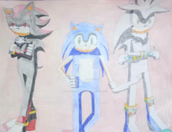 Size: 1020x784 | Tagged: safe, artist:thunder-the-mouse, shadow the hedgehog, silver the hedgehog, sonic the hedgehog, traditional media