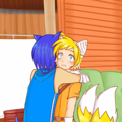 Size: 800x800 | Tagged: safe, artist:nonii-k, miles "tails" prower, sonic the hedgehog, human, abstract background, blushing, clenched teeth, daytime, duo, gay, hugging, humanized, indoors, redraw, scene interpretation, shipping, signature, sofa, sonic boom (tv), sonic x tails, standing, surprise hug, surprised