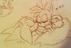 Size: 416x279 | Tagged: safe, artist:crazychilidoglover, miles "tails" prower, sonic the hedgehog, duo, eyes closed, gay, line art, looking at them, lying down, lying on them, pencilwork, shipping, signature, sleeping, smile, sonic x tails, traditional media, zzz