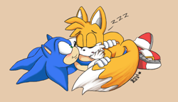 Size: 1146x659 | Tagged: safe, artist:crazychilidoglover, miles "tails" prower, sonic the hedgehog, alternate version, beige background, blushing, duo, eyes closed, gay, looking at them, lying down, lying on them, shipping, signature, simple background, sleeping, smile, sonic x tails, zzz