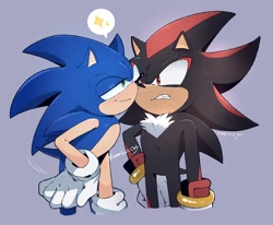 Size: 1574x1300 | Tagged: safe, artist:kerensoniconly, shadow the hedgehog, sonic the hedgehog, 2024, annoyed, duo, flirting, frown, gay, grey background, lidded eyes, looking at each other, shadow x sonic, shipping, signature, simple background, smile, sparkles, standing