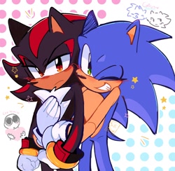 Size: 1620x1583 | Tagged: safe, artist:silliblur, shadow the hedgehog, sonic the hedgehog, 2024, abstract background, blushing, cute, duo, frown, gay, hugging, hugging from behind, lidded eyes, looking at viewer, shadow x sonic, shadowbetes, shipping, signature, smile, sonabetes, standing, star (symbol)