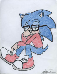 Size: 827x1064 | Tagged: safe, artist:blacksista100, nicky, hedgehog, blue fur, glasses, green eyes, male, sneakers, sweater, traditional media