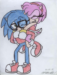 Size: 828x1073 | Tagged: safe, artist:blacksista100, amy rose, nicky, hedgehog, blue fur, boots, dress, female, glasses, gloves, green eyes, male, pink fur, sneakers, sweater, traditional media