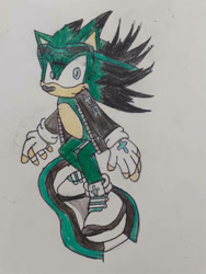 Size: 774x1032 | Tagged: dnp, safe, artist:theoneandonlycactus, oc, oc:cactus the hedgehog, hedgehog, fingerless gloves, goggles, goggles on head, green eyes, green fur, jacket, male, shoes, sneakers, socks, solo, traditional media