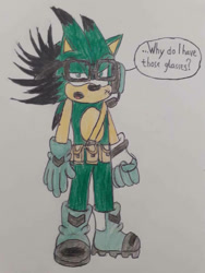 Size: 774x1032 | Tagged: dnp, safe, artist:theoneandonlycactus, oc, oc:cactus the hedgehog, hedgehog, boots, glasses, gloves, green eyes, green fur, male, traditional media