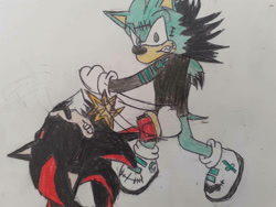 Size: 1032x774 | Tagged: dnp, safe, artist:theoneandonlycactus, shadow the hedgehog, oc, oc:cactus the hedgehog, traditional media