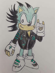 Size: 774x1032 | Tagged: dnp, safe, artist:theoneandonlycactus, oc, oc:cactus the hedgehog, hedgehog, classic style, fingerless gloves, green fur, jacket, male, shoes, socks, solo, traditional media