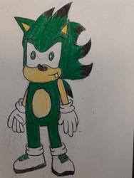 Size: 774x1032 | Tagged: dnp, safe, artist:theoneandonlycactus, oc, oc:cactus the hedgehog, hedgehog, aged down, gloves, green eyes, green fur, male, shoes, socks, solo, traditional media