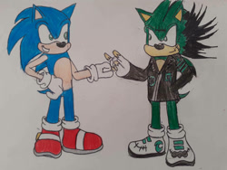 Size: 1032x774 | Tagged: dnp, safe, artist:theoneandonlycactus, sonic the hedgehog, oc, oc:cactus the hedgehog, hedgehog, blue fur, duo, fingerless gloves, gloves, green eyes, green fur, jacket, male, shoes, socks, traditional media