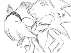 Size: 2048x1536 | Tagged: safe, artist:tamjeong_sonic, amy rose, sonic the hedgehog, amy x sonic, blushing, duo, eyes closed, heart, kiss, korean text, shipping, simple background, straight, white background