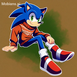 Size: 512x512 | Tagged: safe, ai art, artist:mobians.ai, sonic the hedgehog, hedgehog, blue fur, green eyes, male, shoes, socks, solo, sweater