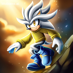 Size: 512x512 | Tagged: safe, ai art, artist:mobians.ai, silver the hedgehog, hedgehog, boots, grey fur, male, sweater, yellow eyes