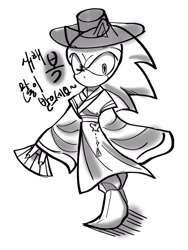 Size: 1536x2048 | Tagged: safe, artist:tamjeong_sonic, sonic the hedgehog, alternate outfit, full body, greyscale, hanbok, hand fan, hat, holding something, korean clothes, korean text, monochrome, new years, simple background, solo, standing, white background