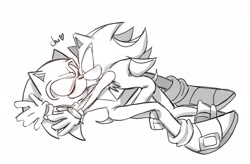 Size: 2220x1452 | Tagged: safe, artist:tamjeong_sonic, shadow the hedgehog, sonic the hedgehog, chu, duo, eyes closed, full body, gay, greyscale, kiss, lying down, monochrome, shadow x sonic, shipping, simple background, white background