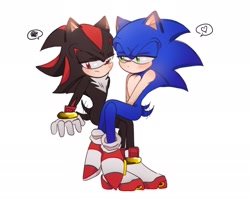 Size: 2048x1634 | Tagged: safe, artist:tamjeong_sonic, shadow the hedgehog, sonic the hedgehog, duo, gay, heart, shadow x sonic, shipping, simple background, sitting, squiggle, wagging tail, white background