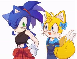 Size: 2048x1576 | Tagged: safe, artist:tamjeong_sonic, miles "tails" prower, sonic the hedgehog, duo, gender swap, grin, overalls, ponytail, shirt, simple background, smile, white background, wink