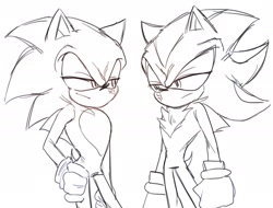 Size: 2076x1575 | Tagged: safe, artist:tamjeong_sonic, shadow the hedgehog, sonic the hedgehog, duo, gay, hand on hip, looking at each other, monochrome, shadow x sonic, shipping, simple background, standing, white background