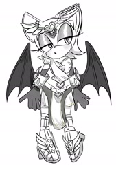 Size: 1500x2216 | Tagged: safe, artist:tamjeong_sonic, rouge the bat, alternate outfit, full body, greyscale, high heels, monochrome, simple background, solo, standing, white background