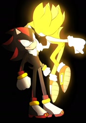 Size: 1500x2144 | Tagged: safe, artist:tamjeong_sonic, shadow the hedgehog, sonic the hedgehog, super sonic, black background, duo, gay, glowing, hand on another's face, looking at each other, shadow x sonic, shipping, simple background, standing, super form