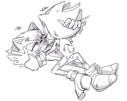 Size: 2048x1638 | Tagged: safe, artist:tamjeong_sonic, shadow the hedgehog, sonic the hedgehog, greyscale, grin, hand on another's head, injured, looking at each other, lying down, monochrome, scratch (injury), shadow x sonic, shipping, simple background, smile, white background