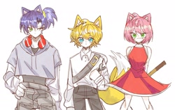 Size: 2048x1298 | Tagged: safe, artist:tamjeong_sonic, amy rose, miles "tails" prower, sonic the hedgehog, human, headphones, holding something, humanized, piko piko hammer, ponytail, trio, wrench