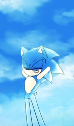 Size: 1204x2048 | Tagged: safe, artist:tamjeong_sonic, sonic the hedgehog, arms behind head, clouds, daytime, eyes closed, grin, outdoors, smile, solo, standing