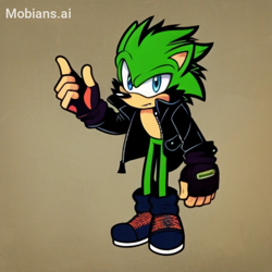 Size: 512x512 | Tagged: safe, ai art, artist:mobians.ai, scourge the hedgehog, hedgehog, blue eyes, fingerless gloves, gloves, green fur, jacket, male, shoes