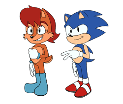 Size: 2274x1941 | Tagged: safe, artist:thatsnoton, sally acorn, sonic the hedgehog, duo, flat colors, full body, grin, mobius.social exclusive, satam, simple background, smile, white background