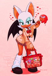 Size: 709x1024 | Tagged: safe, artist:k2y_agogo, knuckles the echidna, rouge the bat, bat, echidna, bag, female, jacket, knuxouge, leg warmers, male, popsicle, school uniform, shipping, shoes, skirt, solo